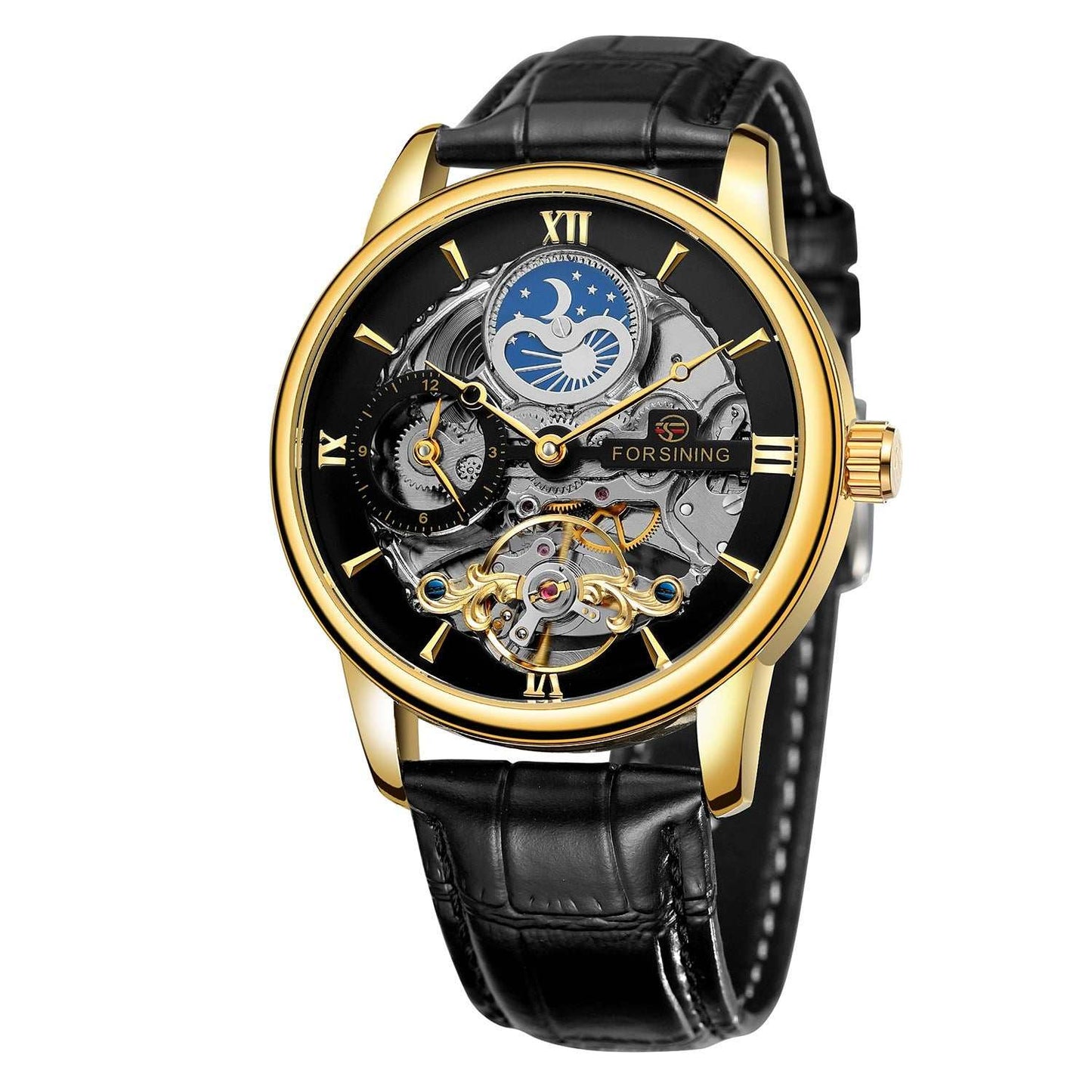 Casual Hollow Moon automatic mechanical watch with gold shell black dial and black leather strap