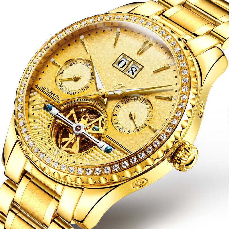Luxury men's automatic mechanical watch in gold with calendar, 24-hour and week display, luminous hands, and waterproof design