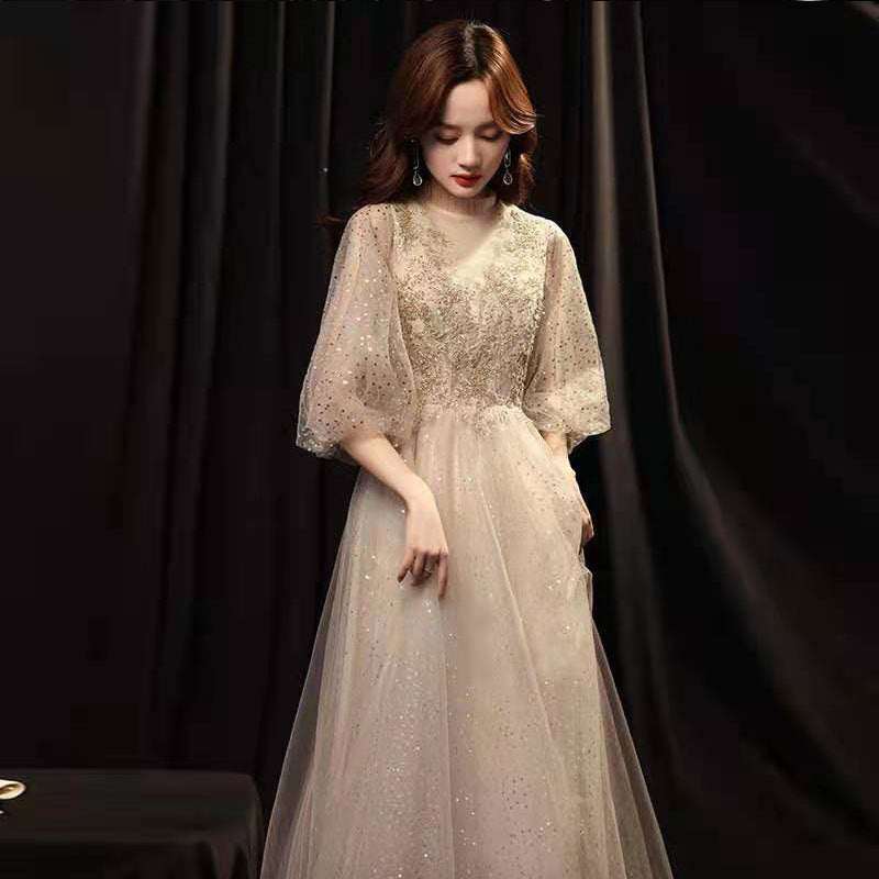 Slim Beauty Gold Banquet evening dress in gold with V-neck and sheer embellished sleeves