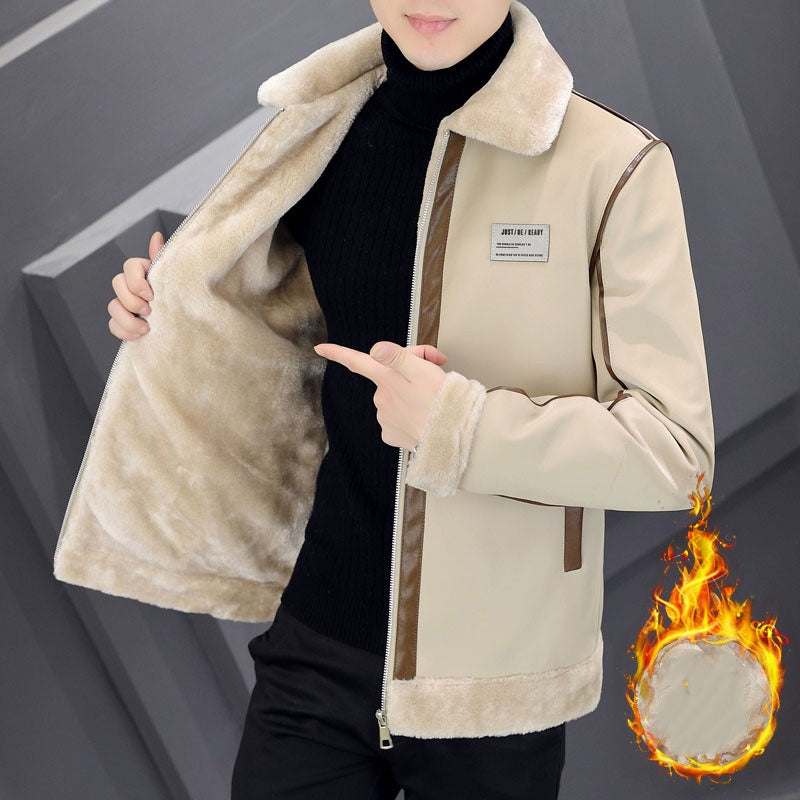 Men's warm cotton-padded suede leather coat with thick rabbit fur velvet lining in milky white color