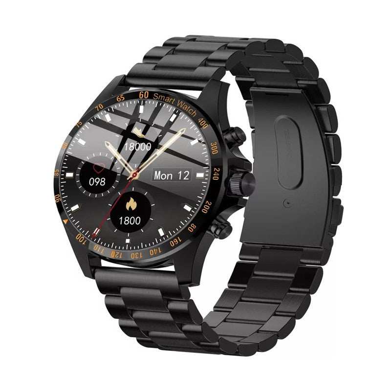 LW09 Business SmartWatch with black metal alloy band, heart rate and blood pressure monitoring, touchscreen and button controls.