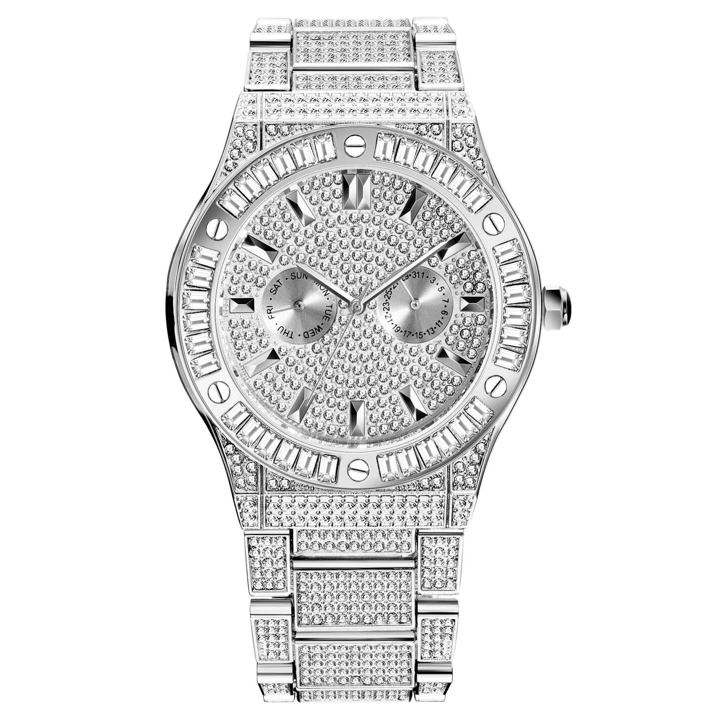 Hip hop style men's quartz watch with large square diamond dial, waterproof design, and gold plated strap.