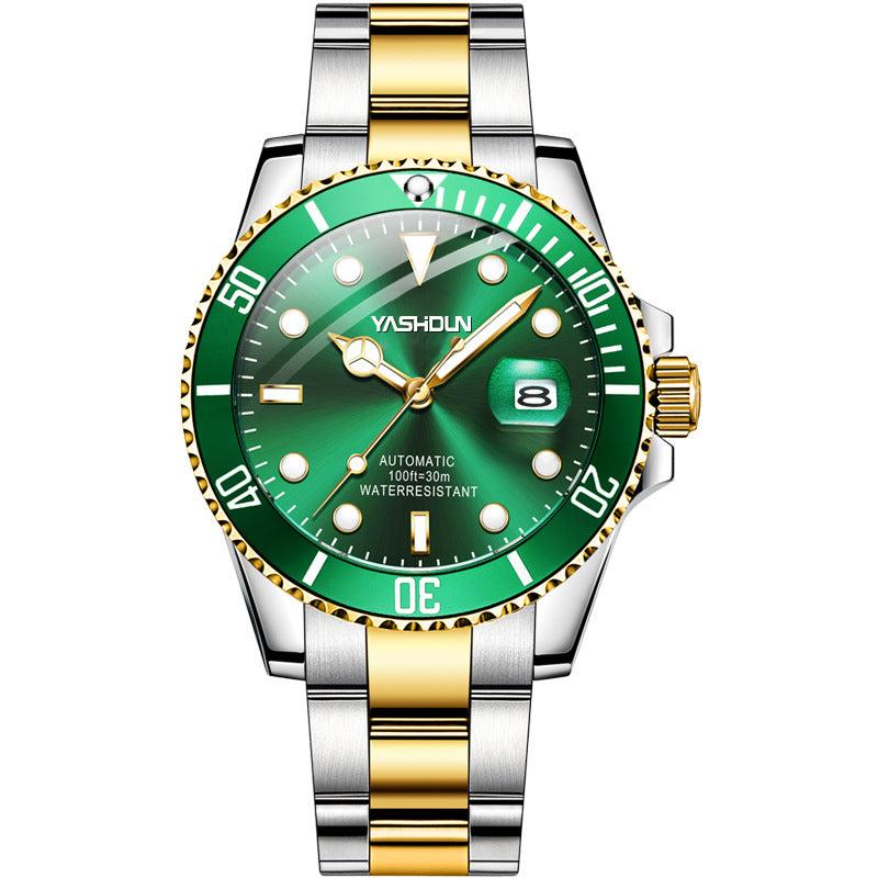 Steel Belt Mechanical Watch with green dial, gold and silver stainless steel strap, automatic movement, and water resistance.