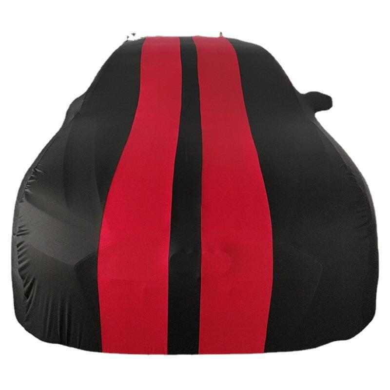 Black and red Car Four Sides Elastic Fabric cover fitted on a car