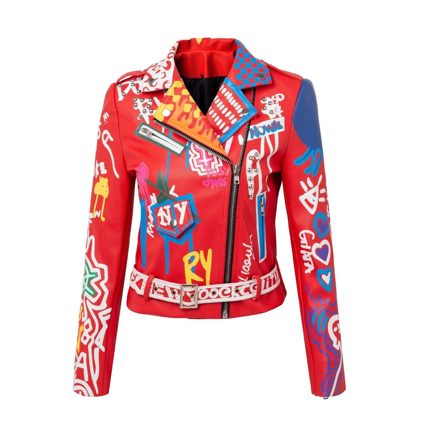Red slim lapel motorcycle jacket with graffiti, beads, rivets, and diamond details for women