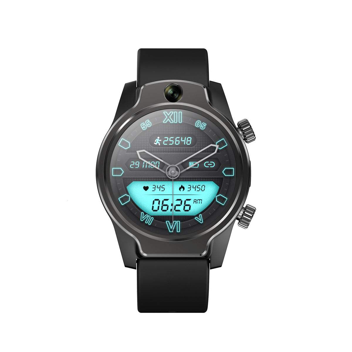 Black S08 Smartwatch IP68 with dual 8MP cameras, heart rate monitor, and 1.69-inch touchscreen display.