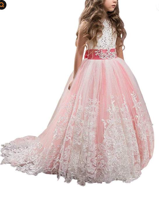 Europe and the United States style new children's lace wedding dress with pink and white embroidery for girls aged 3-8 years