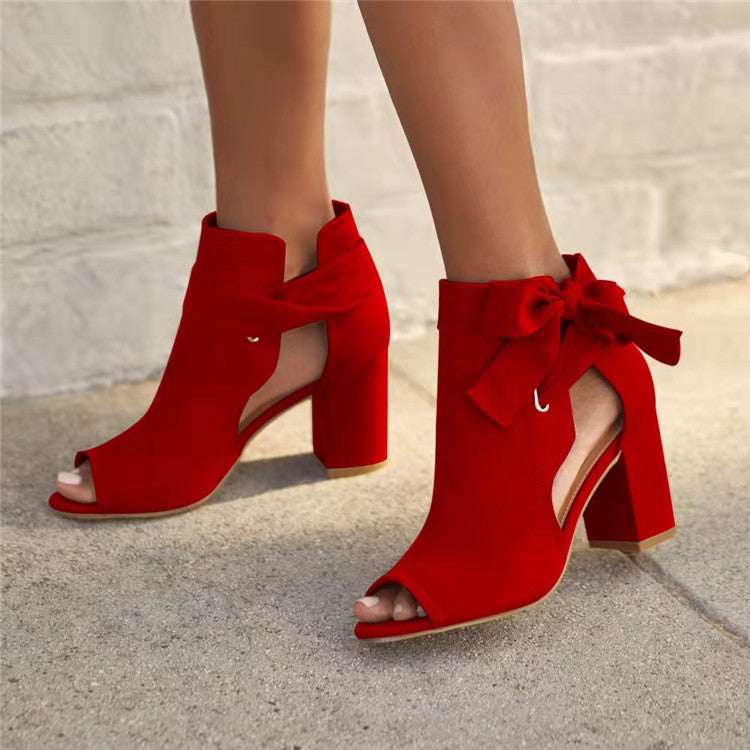Women's European and American style red suede fish mouth slingback heels with thick block heel and side bow detail