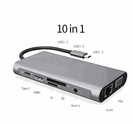 USB Type C to HDMI 10-in-1 expansion dock with Ethernet, USB 3.0, VGA, TF, SD card readers, and audio jack