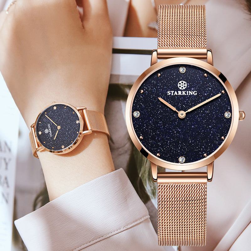 Rose gold Star King ladies watch with black starry dial and mesh strap, elegant business style waterproof 30M quartz timepiece