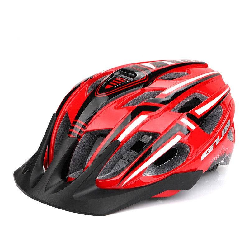 Red and black mountain bike hat with 19 ventilation holes and USB rechargeable tail light