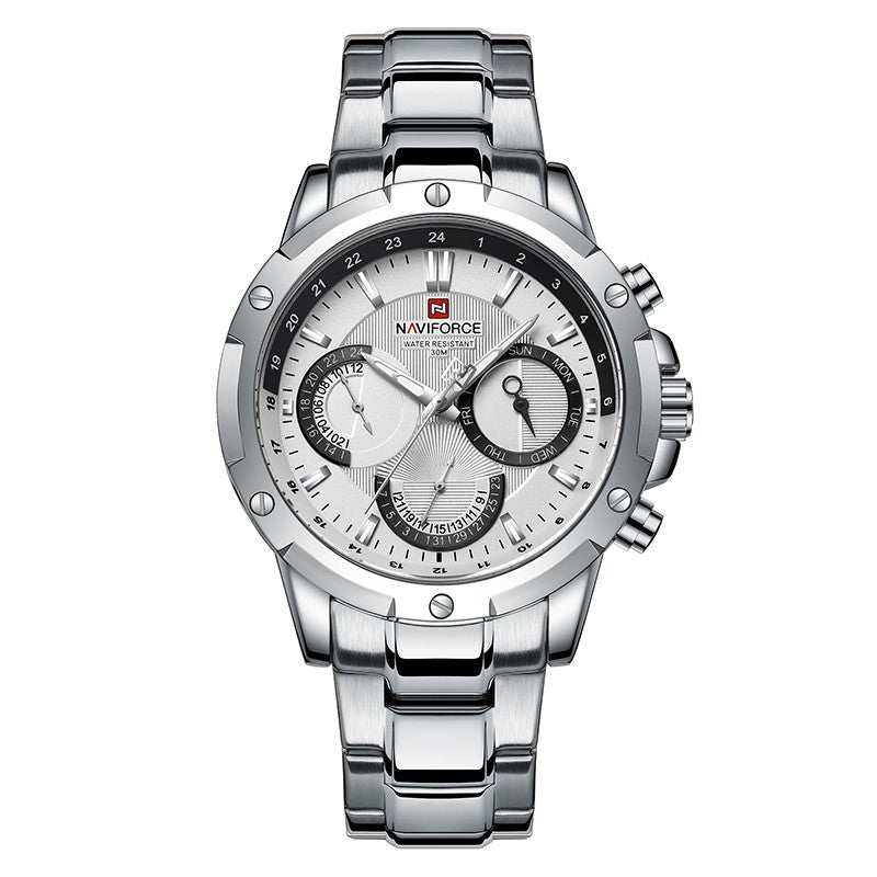 Large dial fashion watch for men with stainless steel strap and multiple dials in silver color