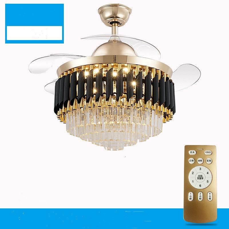 LED frequency conversion fan light crystal chandelier with gold and black accents and remote control
