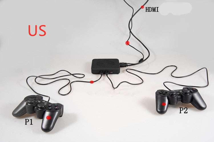 Double handle mini nostalgic arcade joystick game console with wired controllers connected to TV via HDMI.