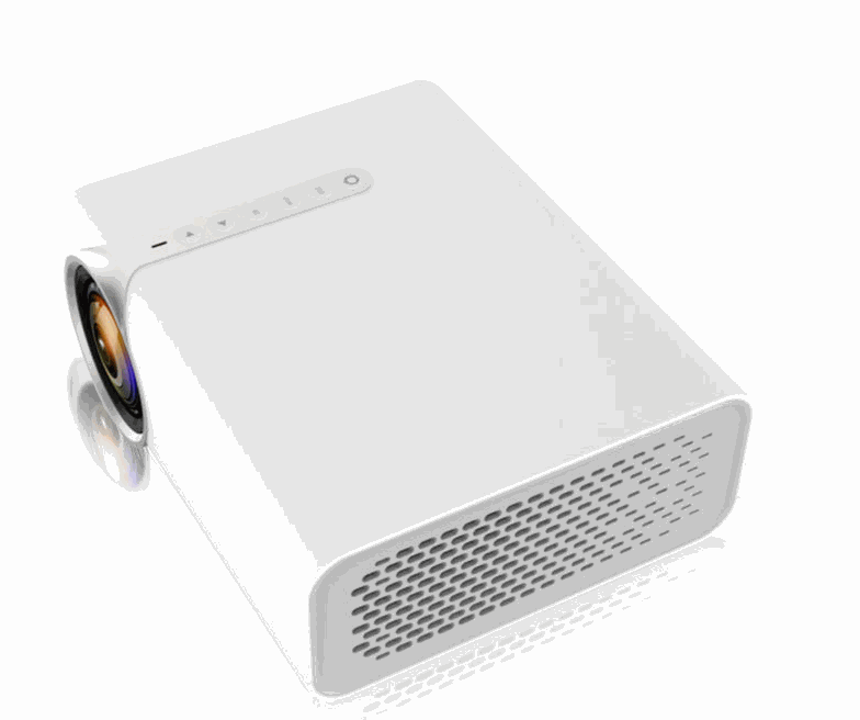 White mini HD 1080P portable projector with USB, AV, and HDMI ports for home use