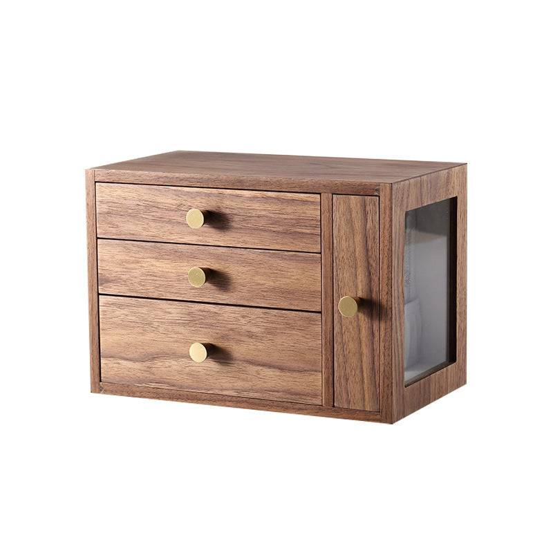 Walnut four-drawer wooden jewelry box with brass knobs and side glass panel, antique European-Chinese style storage organizer