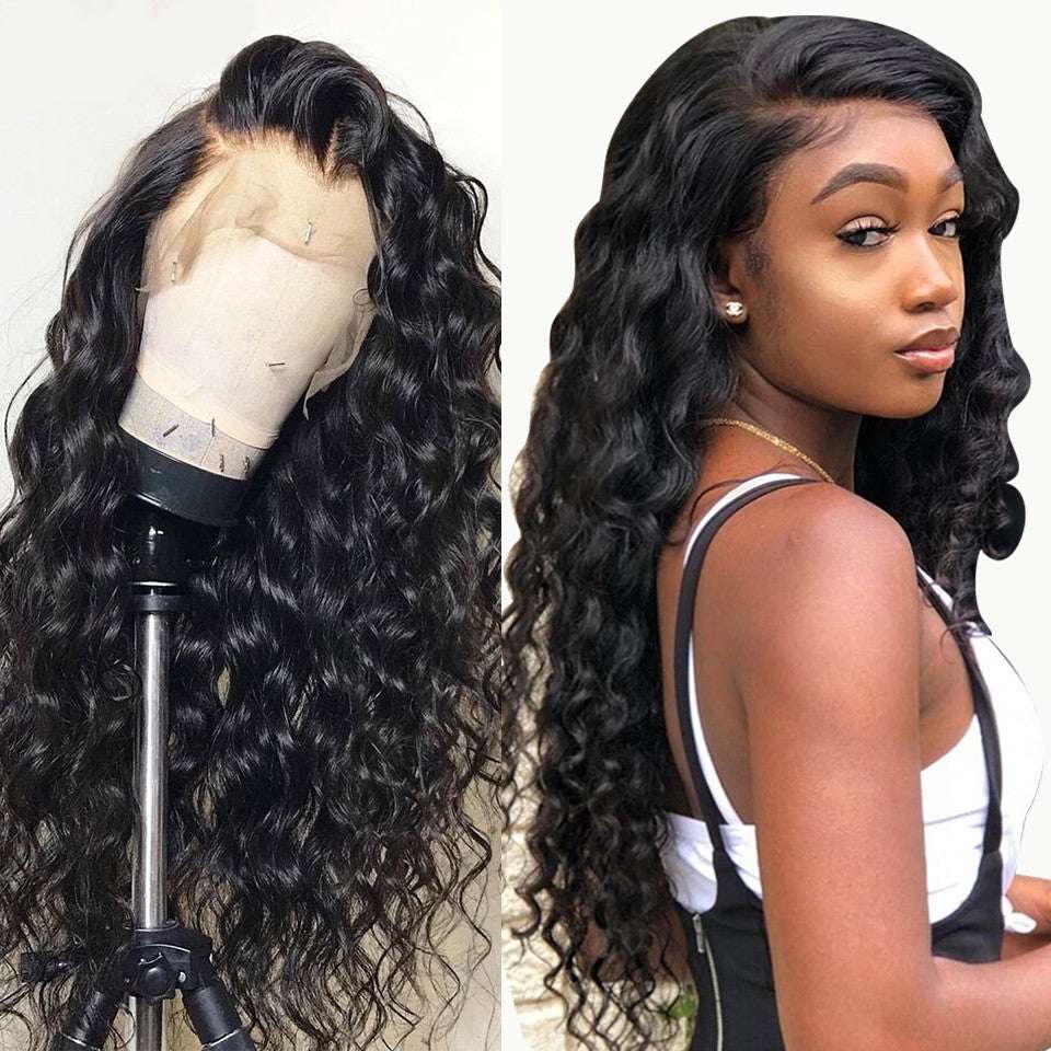 Black small curly chemical fiber front lace wig on mannequin and worn by woman with long wavy hair