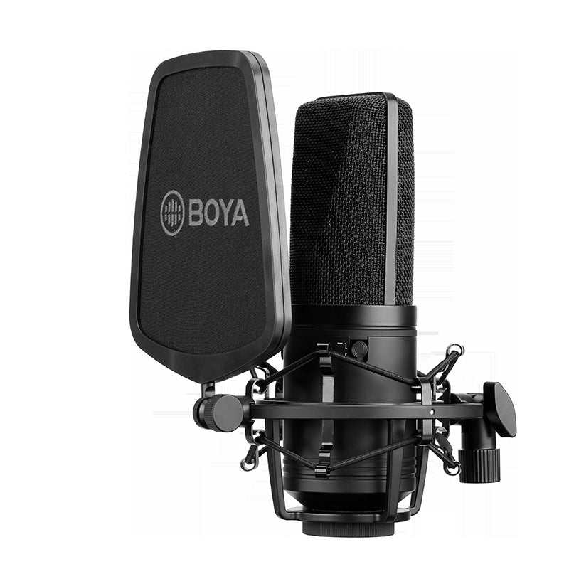 BOYA BY-M1000 large diaphragm condenser microphone with cardioid pattern and pop filter for recording and live broadcast