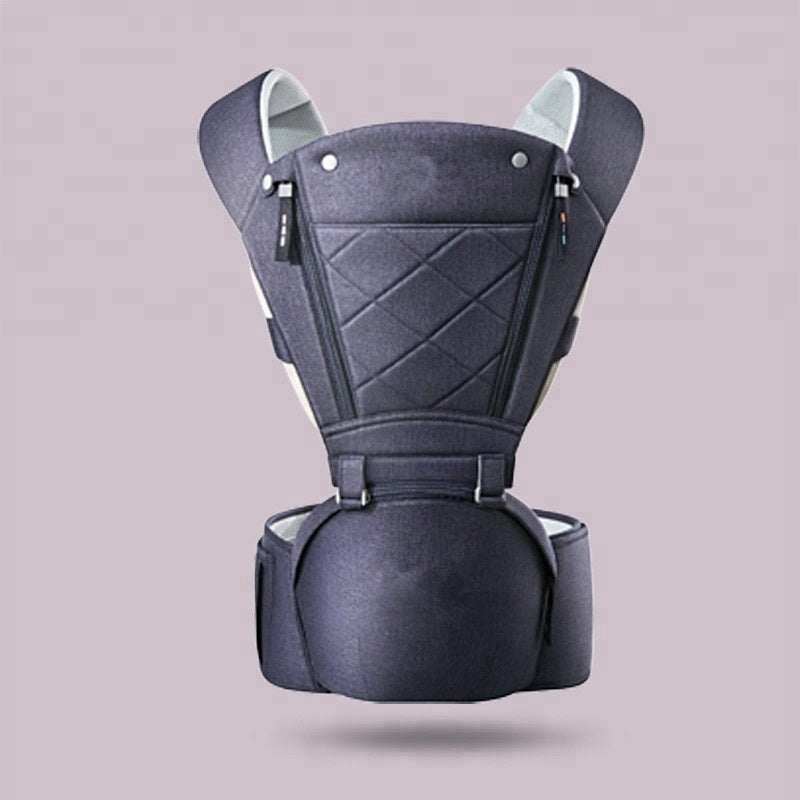 Ergonomic dark gray baby carrier with hip seat and adjustable shoulder straps on a light background