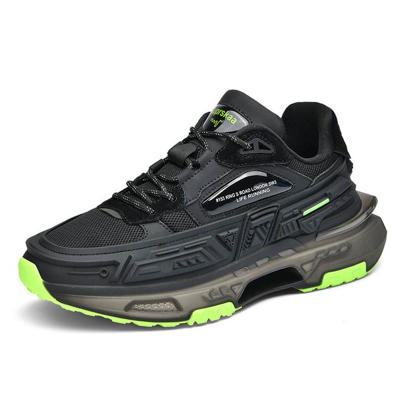 Black and neon green popcorn platform running sneakers with mesh upper and casual low top design