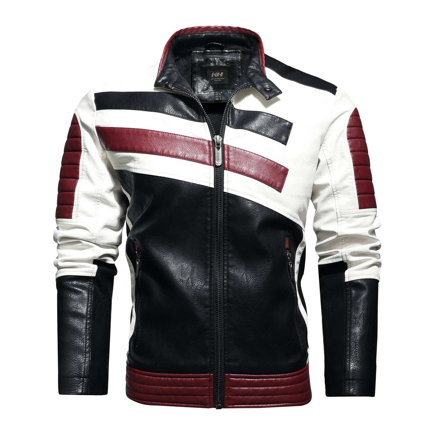 Mens leather jacket with stand collar, patchwork design in black, white, and red, zipper closure, and casual style.