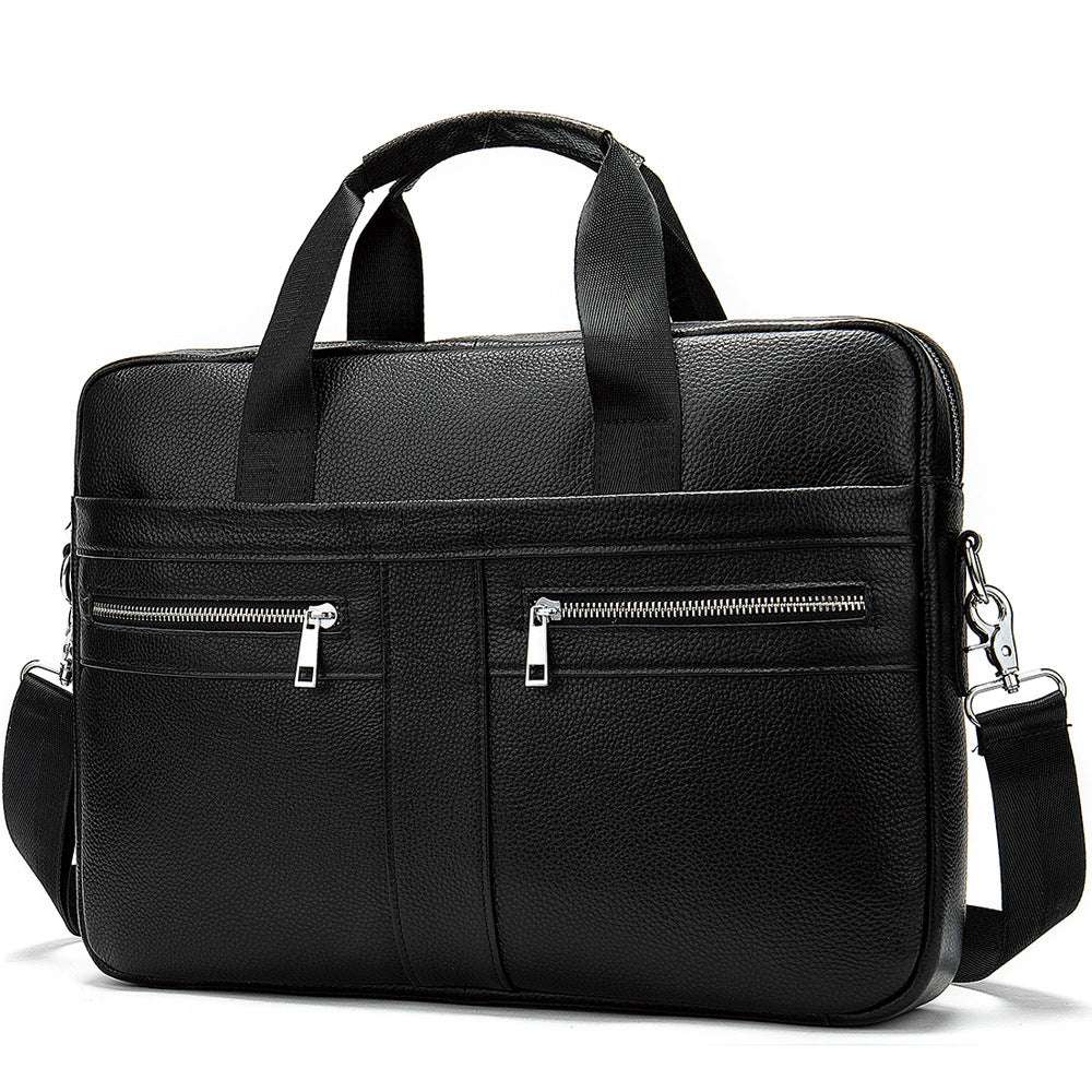Black business leather briefcase for men made of first layer cowhide with multiple zipper pockets and detachable shoulder strap