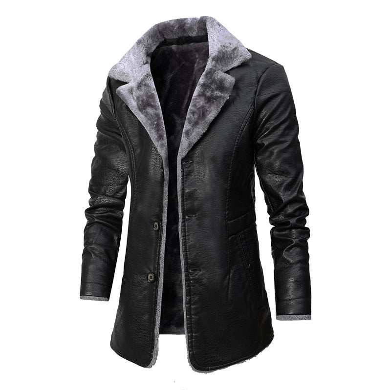 Black plush lapel single-breasted artificial leather jacket with warm fleece lining for men