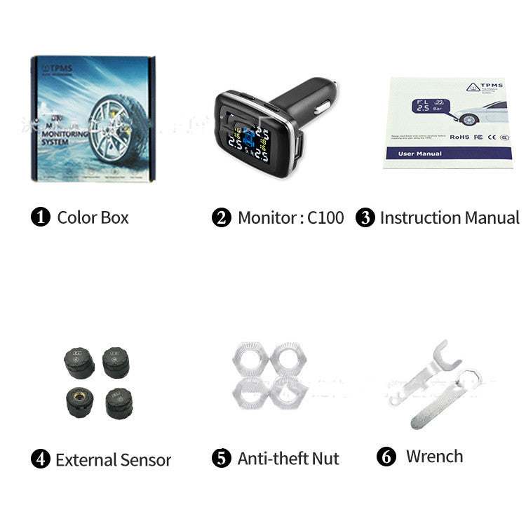 Tire pressure monitoring system with USB cigarette lighter monitor, external sensors, anti-theft nuts, and wrench kit for real-time tire status alert.