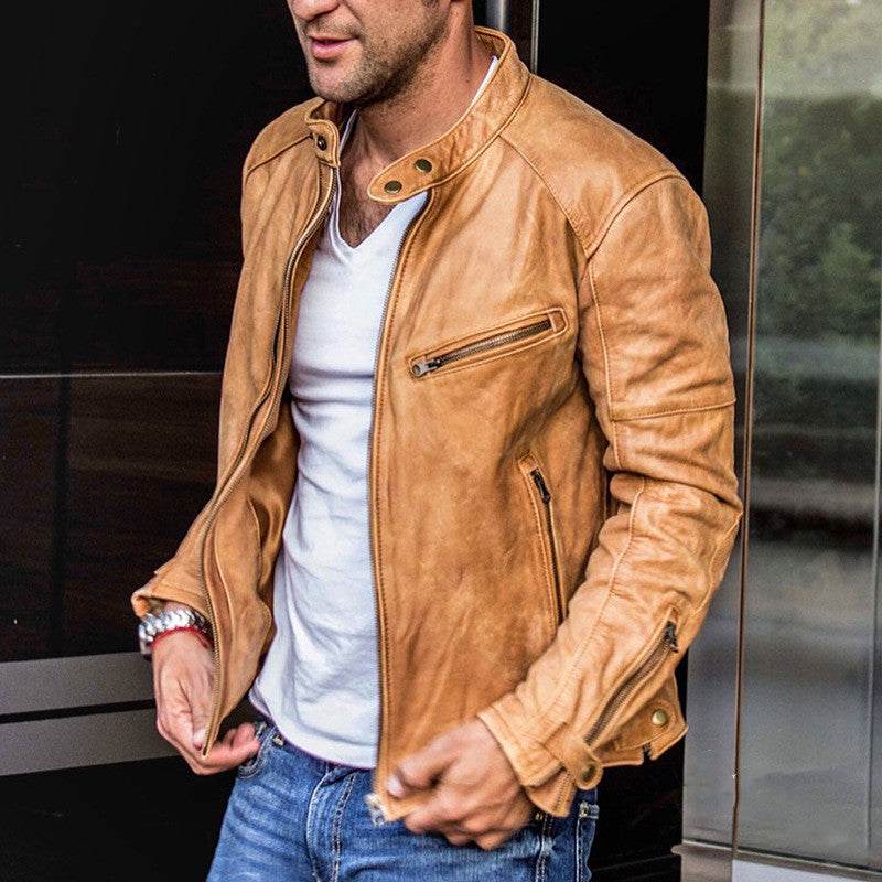 Men's tan motorcycle leather jacket with stand-up collar and zipper pockets, casual spring and autumn wear