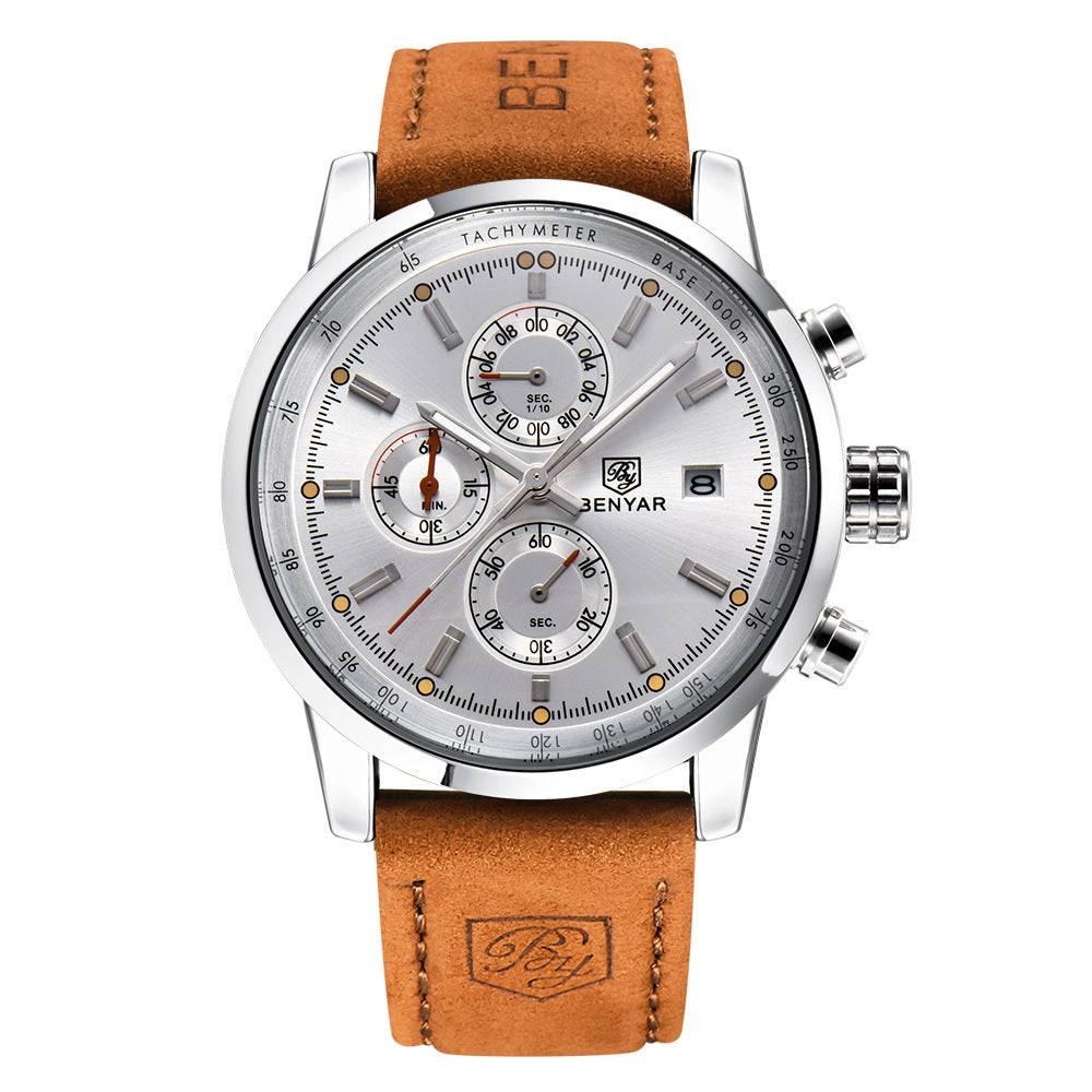 Men's casual watch with silver dial, brown leather strap, and chronograph features.