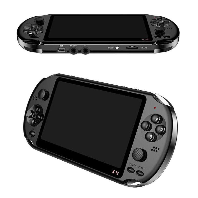 Black Retro Game Handheld console with 5.1-inch screen, multiple gaming controls, USB interface, and AV output ports.