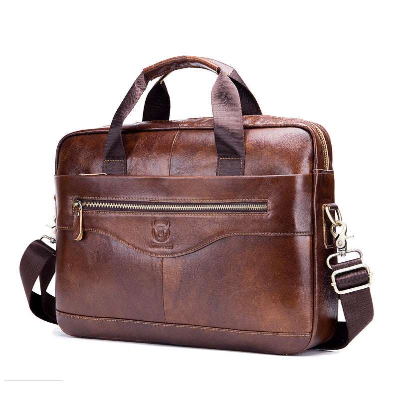 Captain Cattle Leather Goods men's brown cowhide leather laptop briefcase with shoulder strap and front zipper pocket