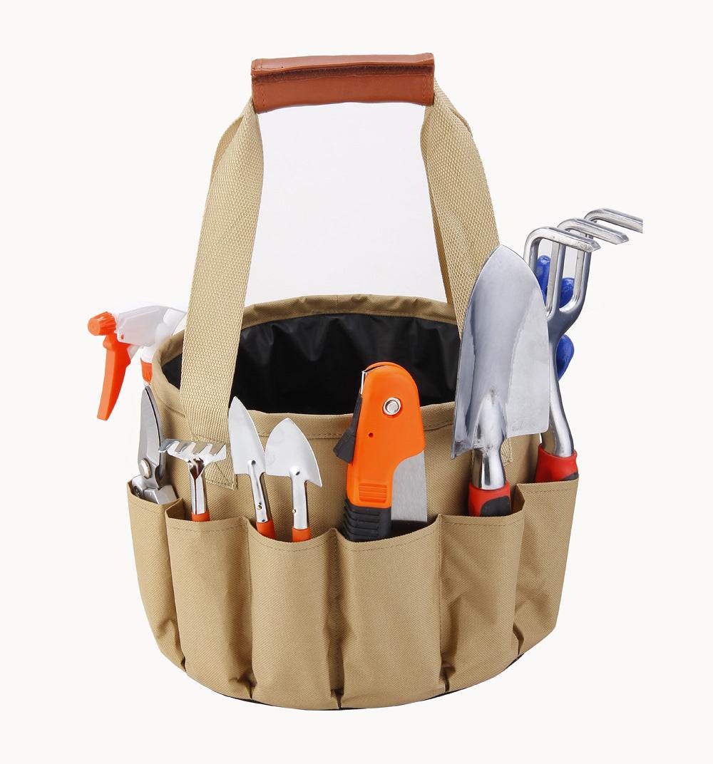 Mini bonsai gardening tools kit with beige tote bag including spade, rake, pruning knife, gloves, and spray bottle