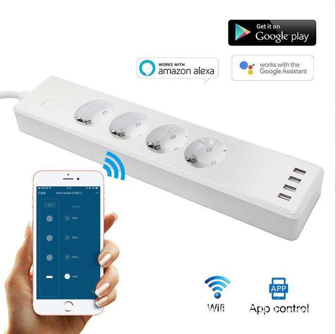 Tuya Smart Power Strip with four European outlets, four USB ports, WiFi and app control, compatible with Alexa and Google Assistant