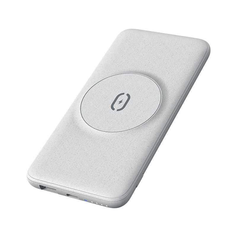 Portable 20W magnetic wireless power bank compatible with Apple iPhone in silver white gray color