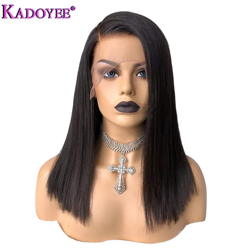 Female human hair front lace wig with medium-length straight black hair on mannequin head