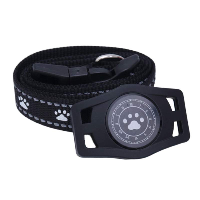 Black pet collar with paw print design and GPS locator device attachment