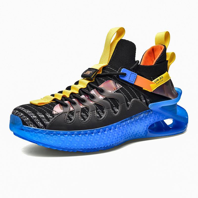 Men's breathable summer sports shoes with blue thick rubber sole and yellow accents