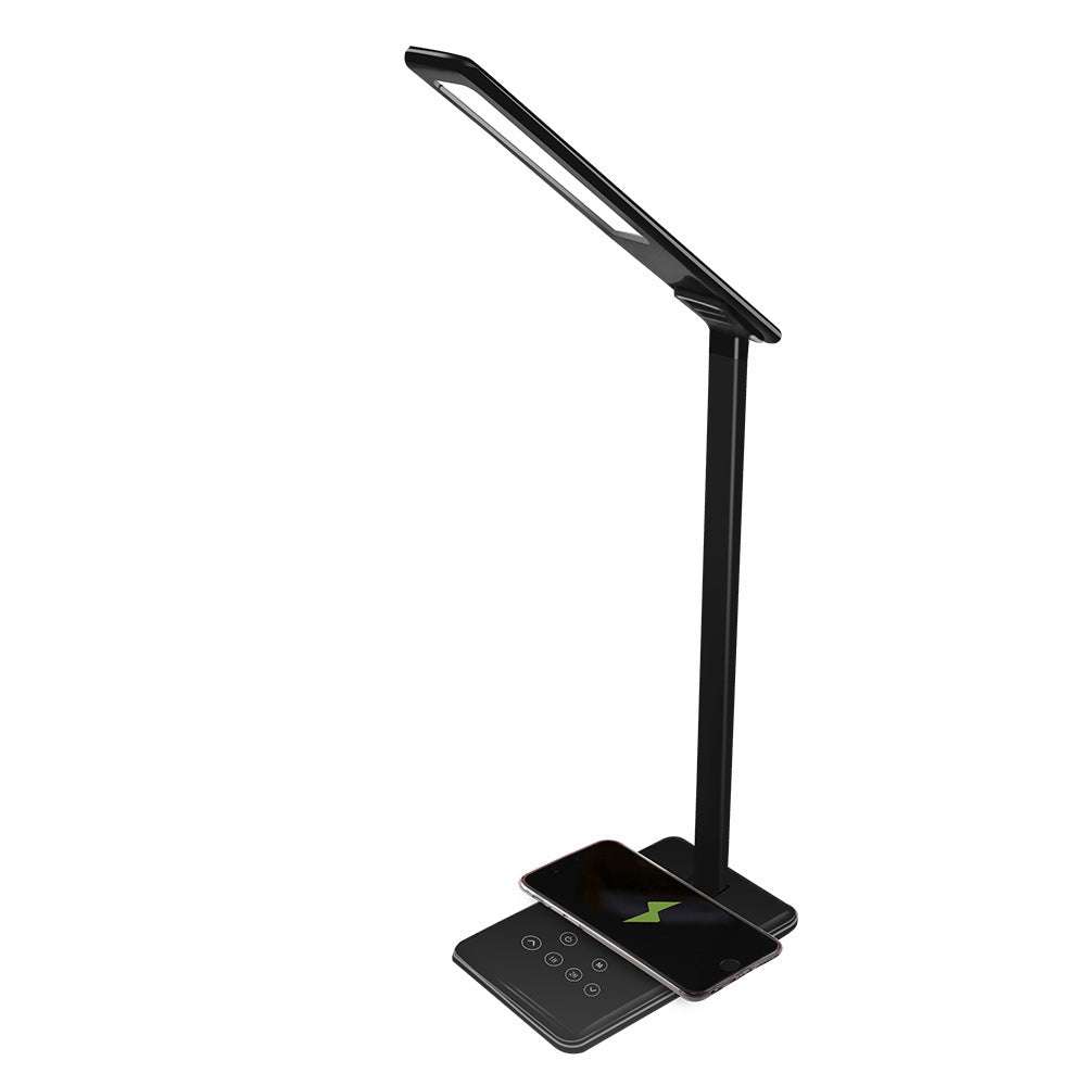 Black wireless charging desk lamp with LED light and touch control, adjustable folding design for eye protection and bedside use.