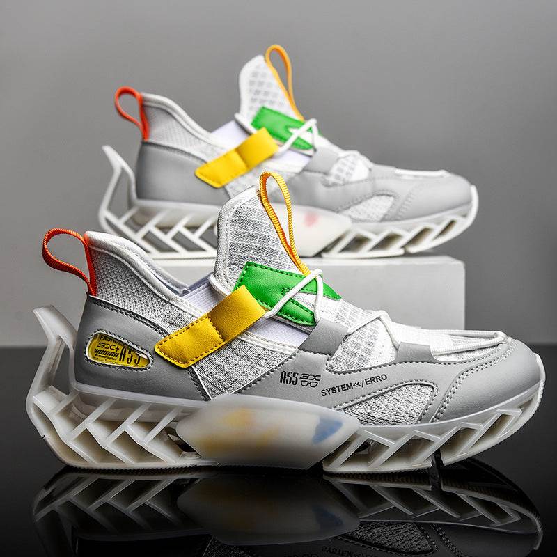 White and yellow breathable Spring Men's Shoes with shock absorption and unique blade sole design for running and sports.