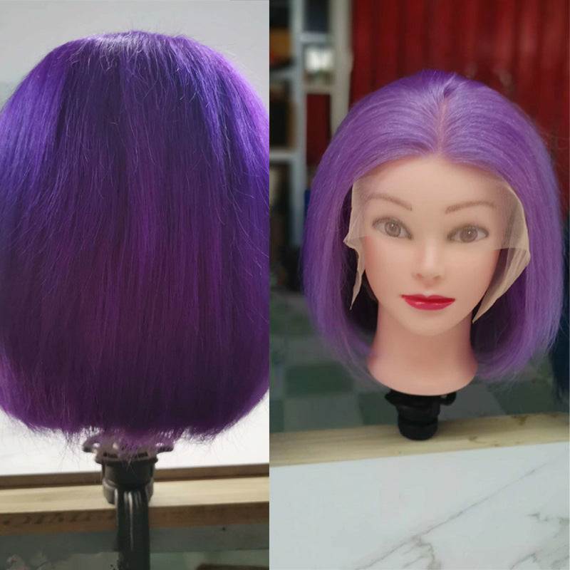 Purple synthetic bob wig with lace front on mannequin head, straight short style