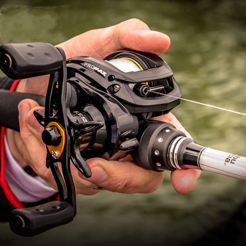 Drip Wheel Pmax3 all-metal black fishing reel with double brake and smooth line casting handheld on fishing rod
