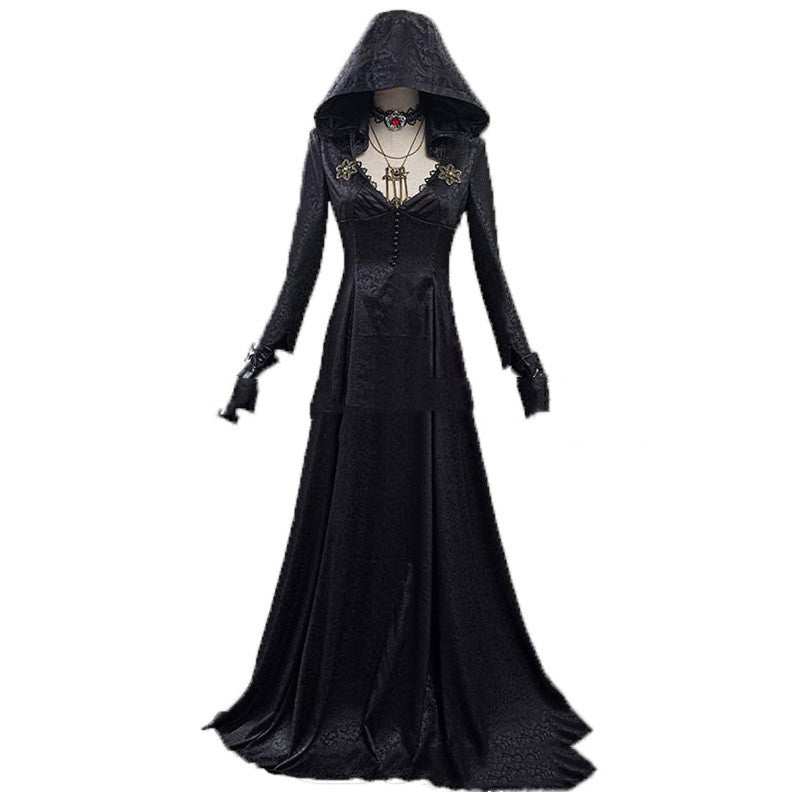 Black Evil Village cosplay costume vampire lady long dress with hood and necklace for Halloween carnival