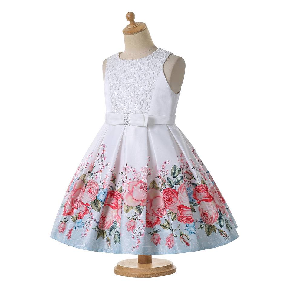 Pettigirl flower little girl white party dress with pink rose floral print and bow detail
