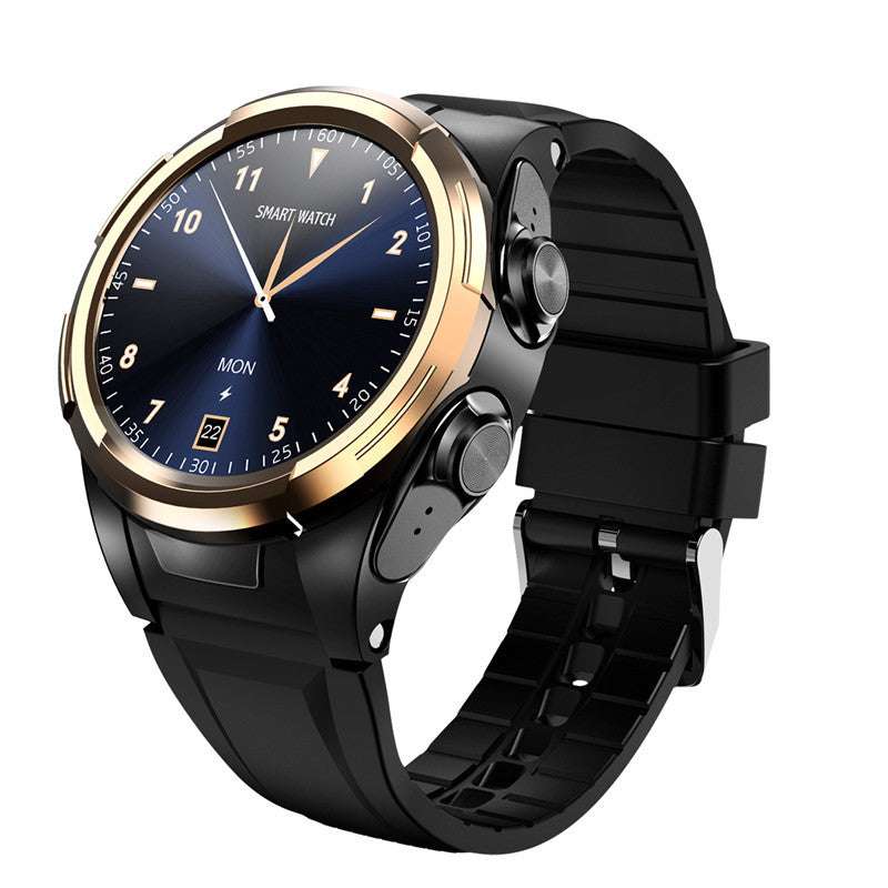 Men's smart watch with black silicone wristband, gold-tone bezel, full touch screen, Bluetooth, and body temperature monitor