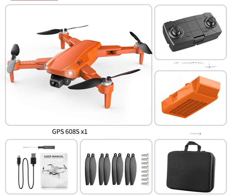 GPS high-definition orange quadcopter drone with dual 6K cameras, remote control, battery, spare propellers, charger cables, screwdriver, and carrying case.