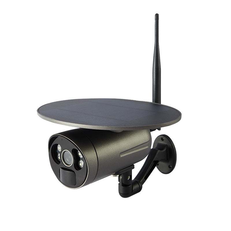 Outdoor solar wireless WiFi security camera with 1080P HD, remote mobile monitoring, and 3mm lens.