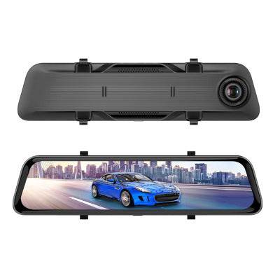 Streaming media car DVR with front and rear 1080P2K lenses, 12-inch full touch LCD display, black night vision, and loop recording feature.