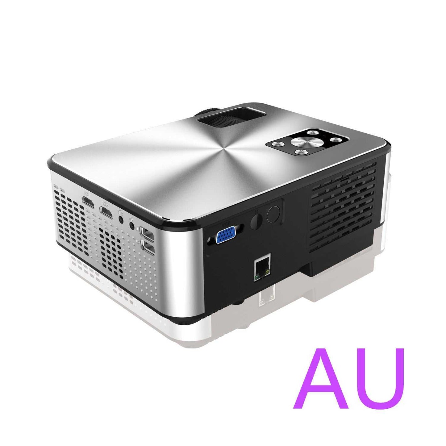 HD Home Multi-function Projector 1080P with multiple input ports and manual keystone correction in silver and black design