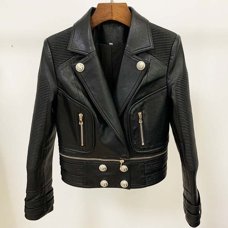 Black slim fit women's motorcycle leather jacket with double-breasted front and zippered pockets